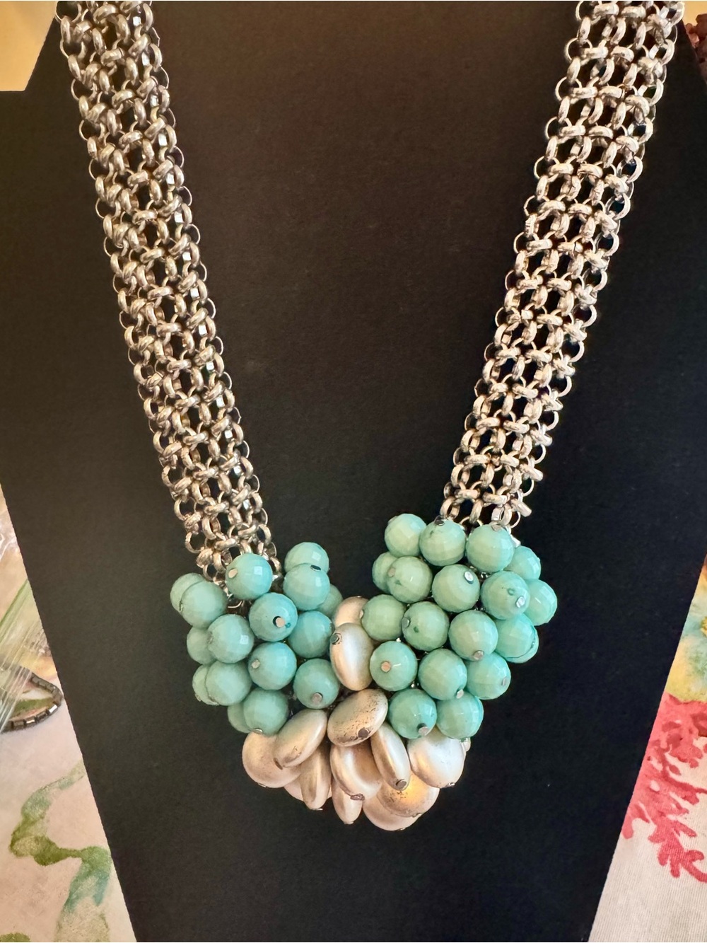 Chunky Silver Chain Necklace with Turquoise Bead Cluster